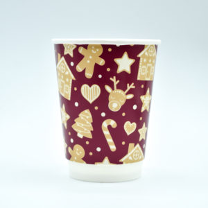 Christmas paper cup with a burgundy background featuring a festive gingerbread pattern, including gingerbread men, candy canes, and christmas decorations.