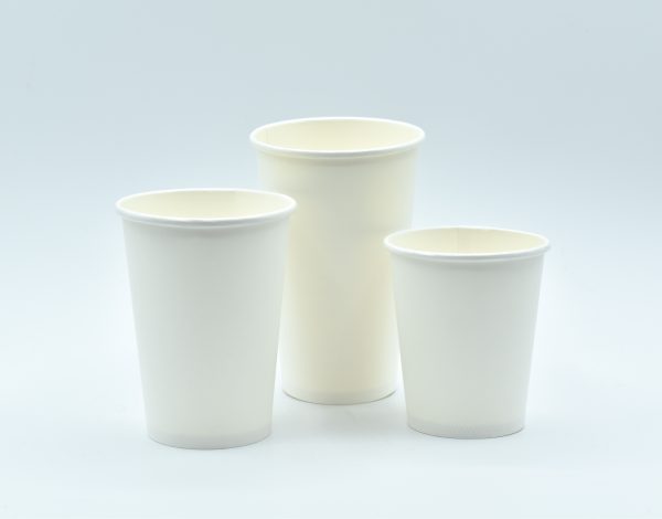 Three eco-friendly single-wall paper cups with an aqueous lining, designed to be biodegradable, recyclable, and plastic-free. These sustainable cups provide a greener alternative for serving cold drinks