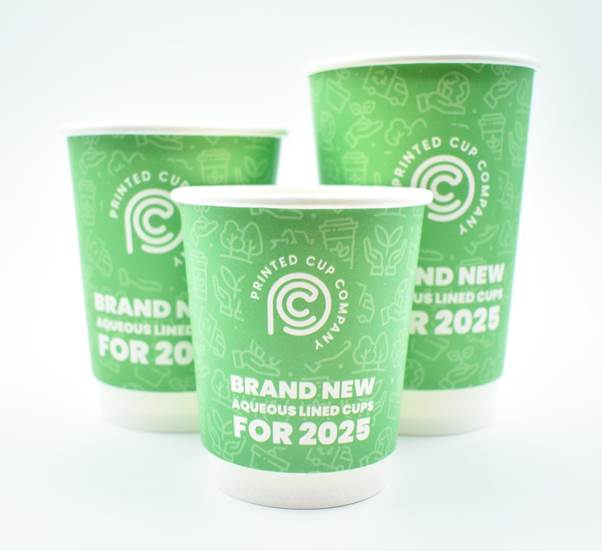 Three bespoke-designed aqueous-lined cups, available from our sister company, Printed Cup Company. These eco-friendly cups feature a water-based lining, making them fully recyclable while showcasing custom branding to promote your business sustainably.