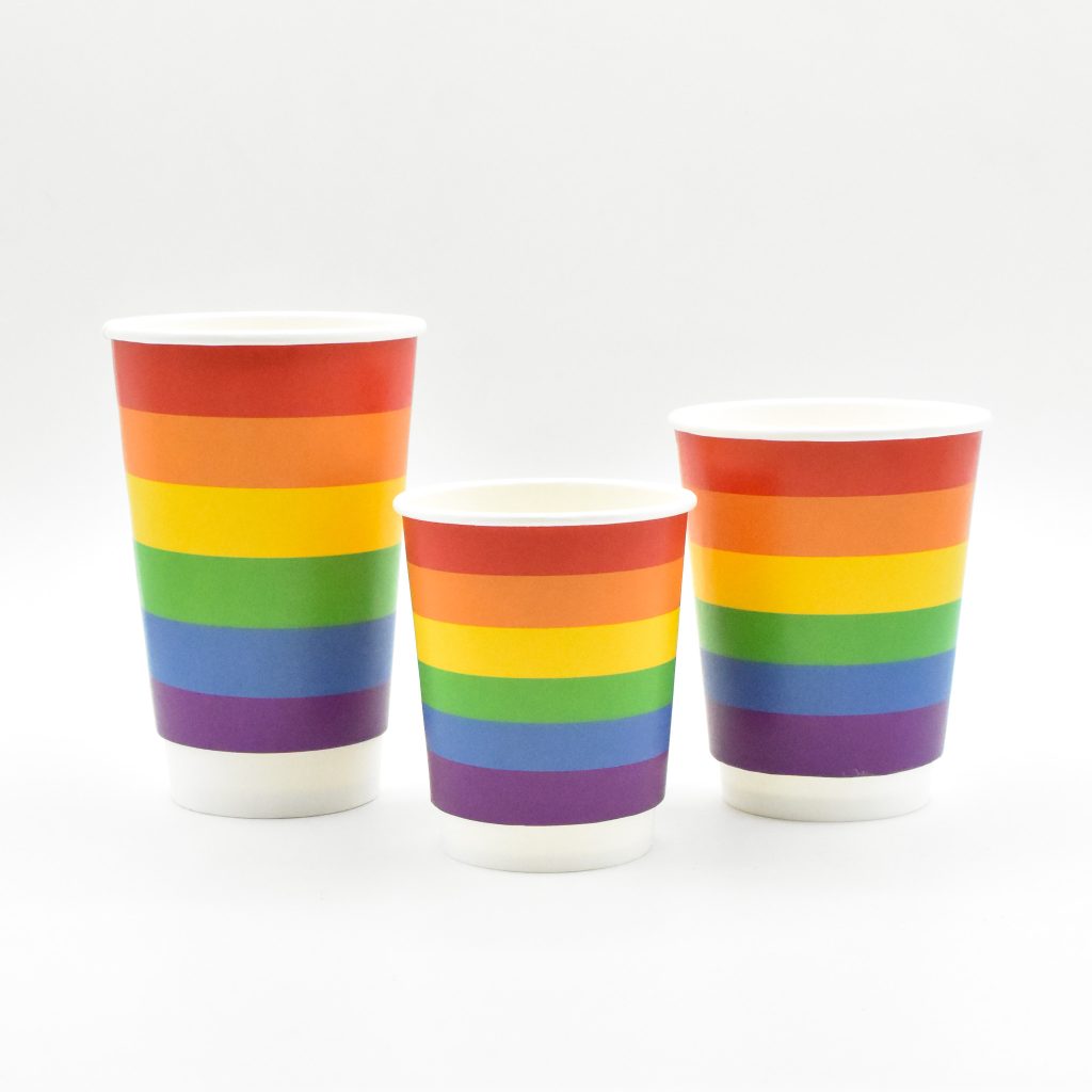 THREE RAINBOW PRIDE CUPS, 8OZ, 12OZ, 16OZ DW PAPER CUPS UNIQUE DESIGN RAINBOW PRIDE