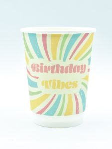 12oz Groovy Birthday double wall paper cup with colourful retro Happy Birthday design – recyclable, insulated, and eco-friendly, perfect for hot drinks at parties or cafés.