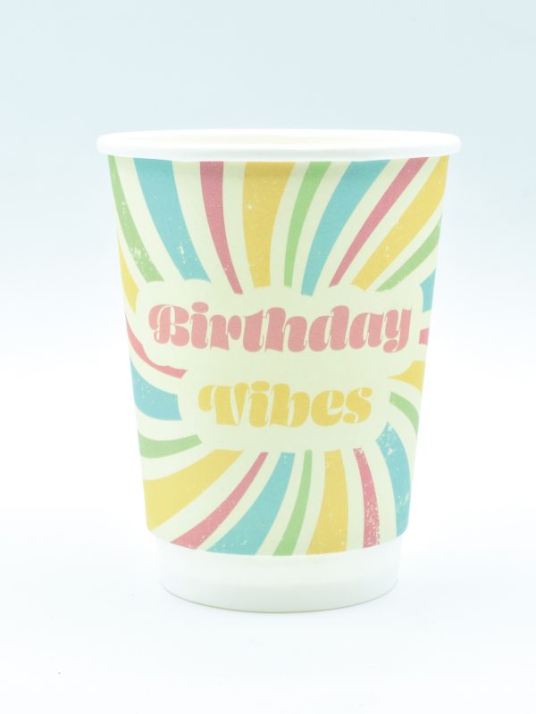 12oz Groovy Birthday double wall paper cup with colourful retro Happy Birthday design – recyclable, insulated, and eco-friendly, perfect for hot drinks at parties or cafés.