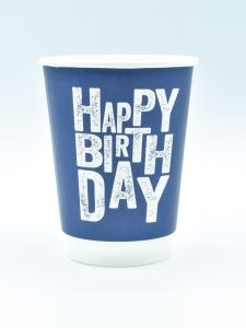 12oz Grunge Birthday double wallpaper cup with rustic, grunge Happy Birthday design – recyclable, insulated, and eco-friendly, perfect for hot drinks at parties or cafés.
