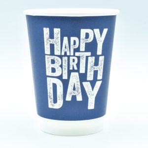 12oz Grunge Birthday double wallpaper cup with rustic, grunge Happy Birthday design – recyclable, insulated, and eco-friendly, perfect for hot drinks at parties or cafés.