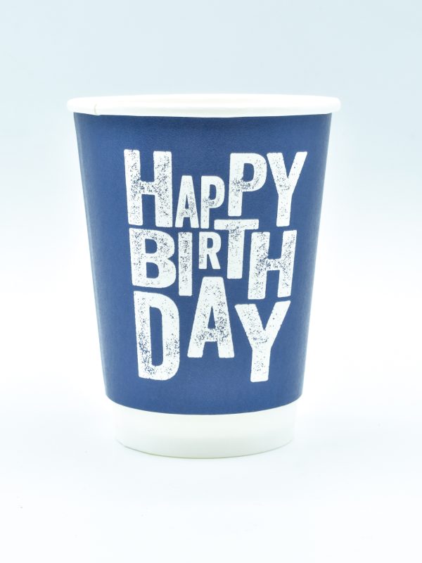 12oz Grunge Birthday double wallpaper cup with rustic, grunge Happy Birthday design – recyclable, insulated, and eco-friendly, perfect for hot drinks at parties or cafés.