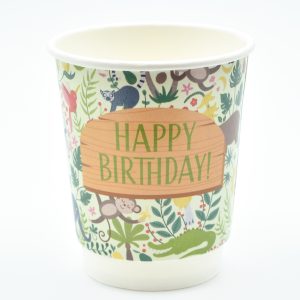 Jungle-themed paper cup with colourful illustrations of cute animals and tropical plants – recyclable and ideal for children’s parties